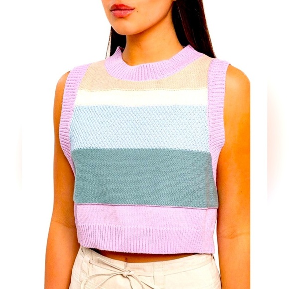 Le Lis Striped Colorblock Sweater Vest Crew Neck Cropped Boxy Cotton Blend Sz XS - Picture 1 of 9